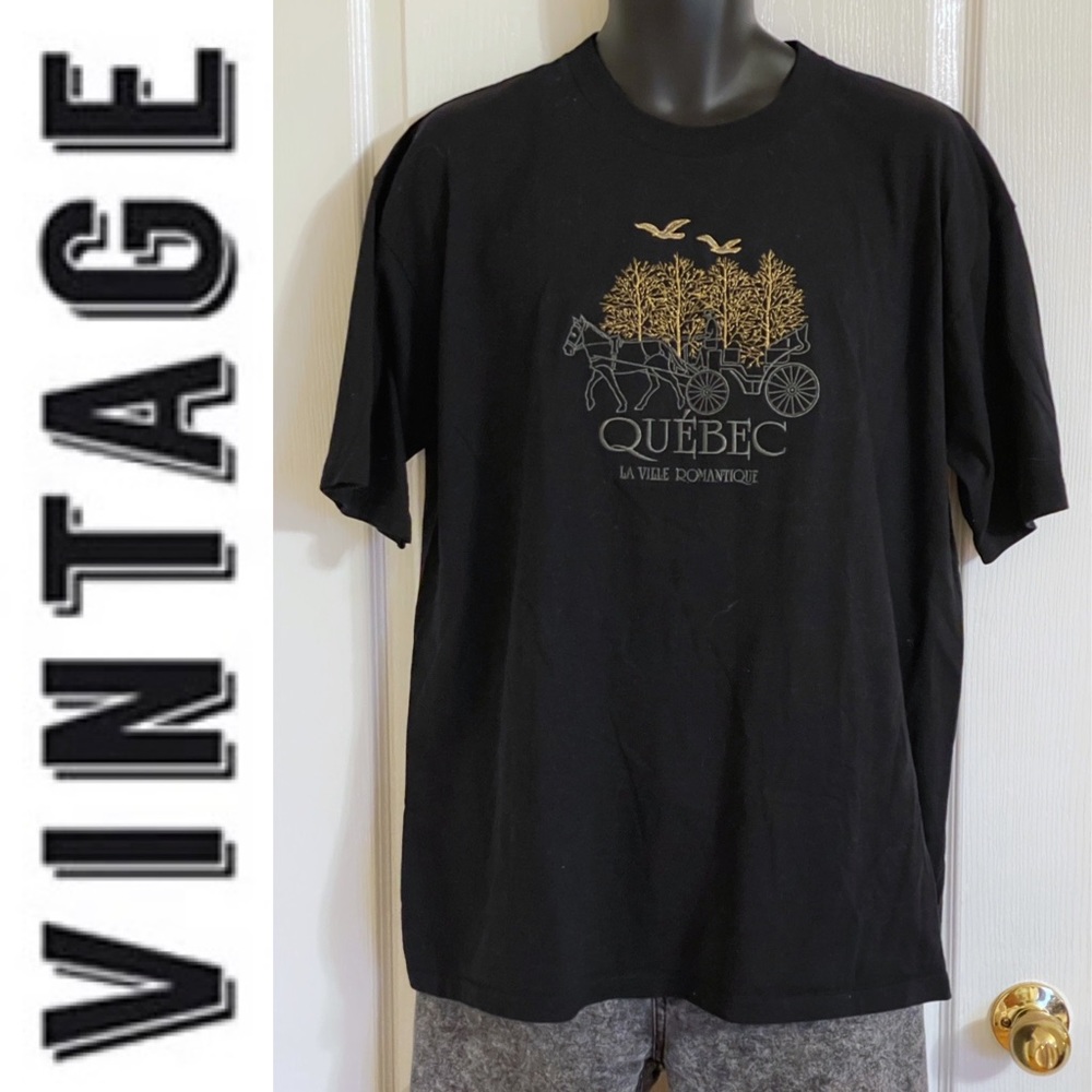 EUC vintage single stitch crewneck graphic Quebec souvenir black tee s/s, XL
